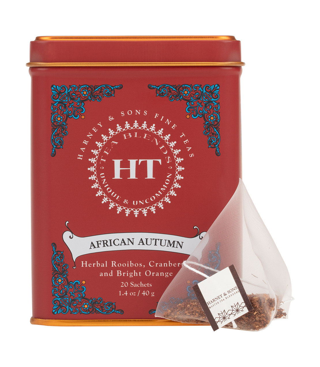 Alt text: "Harney & Sons African Autumn herbal tea in a decorative red tin, featuring ornate blue designs and a logo, containing 20 rooibos, cranberry, and orange sachets."